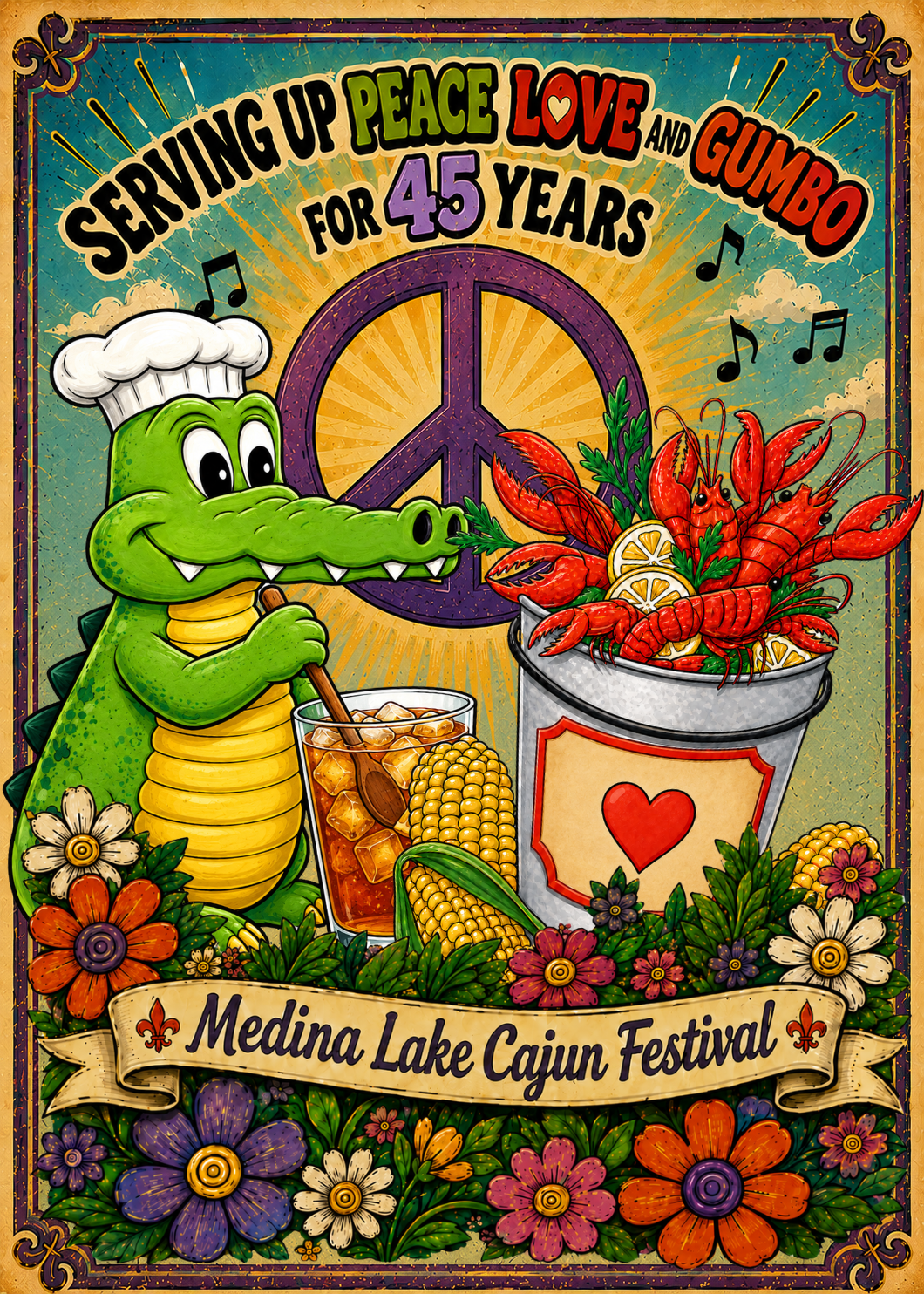 Official Medina Lake Cajun Festival 45th anniversary artwork featuring a Cajun alligator, crawfish, gumbo and a peace sign